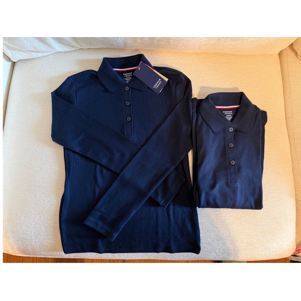 French Toast Kids Navy Blue Long Sleeve Polo Shirt Set 2 Pack NWT Size L 10/12